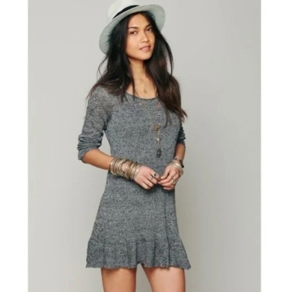 Free People Ruffle Your Hem Linen Knit Tunic Top Mini Dress Long Sleeve XS